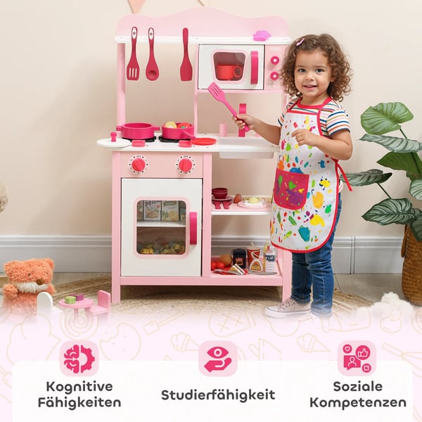 Legekøkken for børn i træ, pink, med tilbehør, kompakt design, 47 cm bordplade, 3-6 år