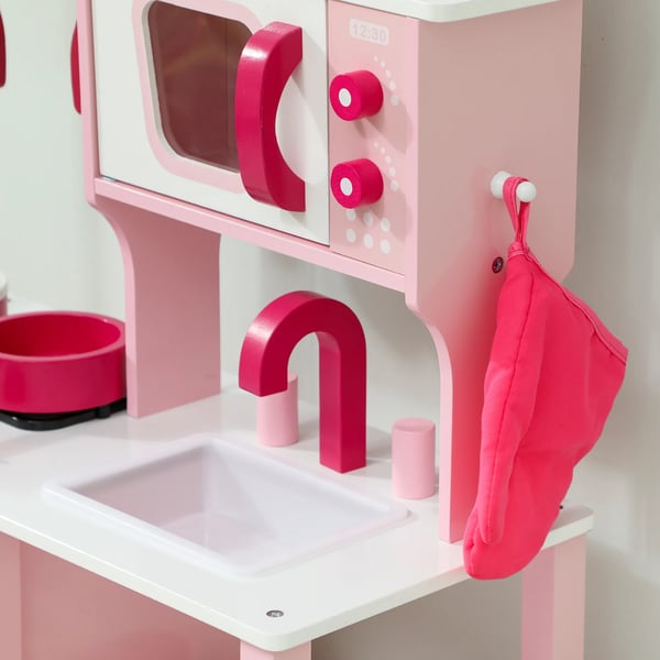 Legekøkken for børn i træ, pink, med tilbehør, kompakt design, 47 cm bordplade, 3-6 år