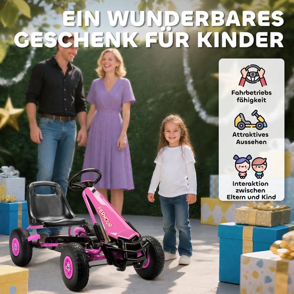 Pedal Gokart til Børn - Lyserød Plastik/Stål - Justerbar, EVA-hjul, Bremse - 3-8 år