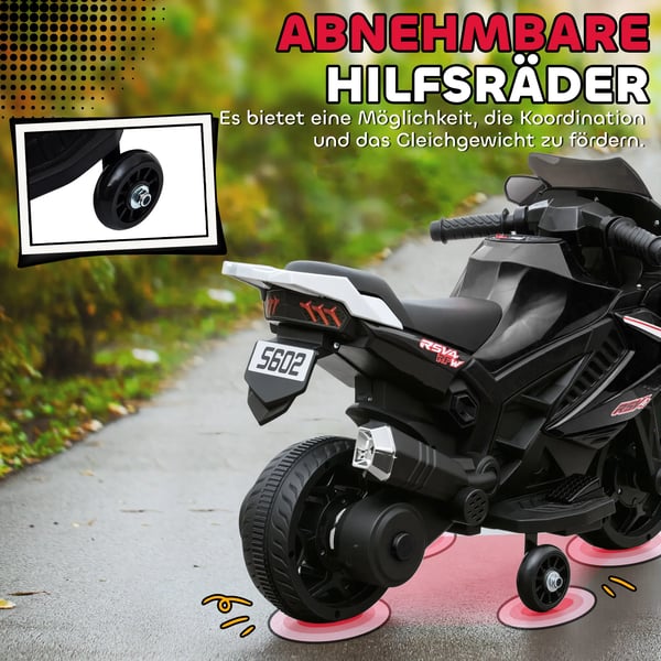 Elmotorcykel för barn, svart, plast/kolstål, tuta, strålkastare, musik, 2,5 km/h