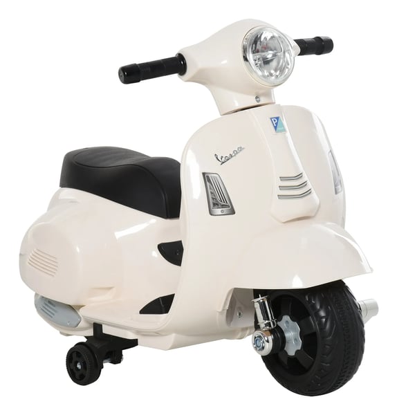 sähköskootteri Vespa lapsille, valkoinen, metalli/muovi, 18-36 kk, 3 km/h, LED-valot ja ääni, 66.5x38x52cm