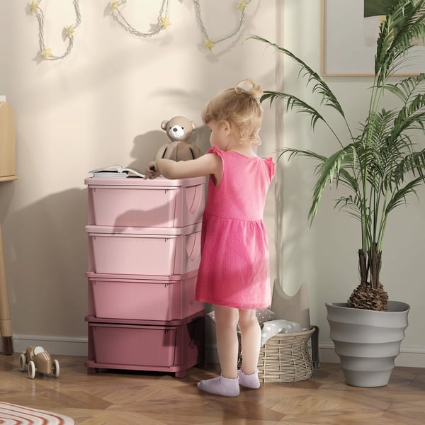 Barnens Leaksförvaring, 4 Lådor, Rosa Plast