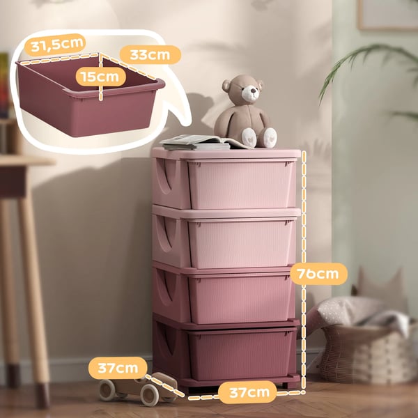Barnens Leaksförvaring, 4 Lådor, Rosa Plast