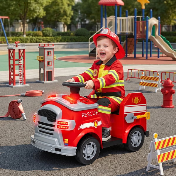 Elbil för barn Röd - 12V Barnfordon med Siren, Musik och Verktyg - Mjukstart 3 km/h, 3-5 år