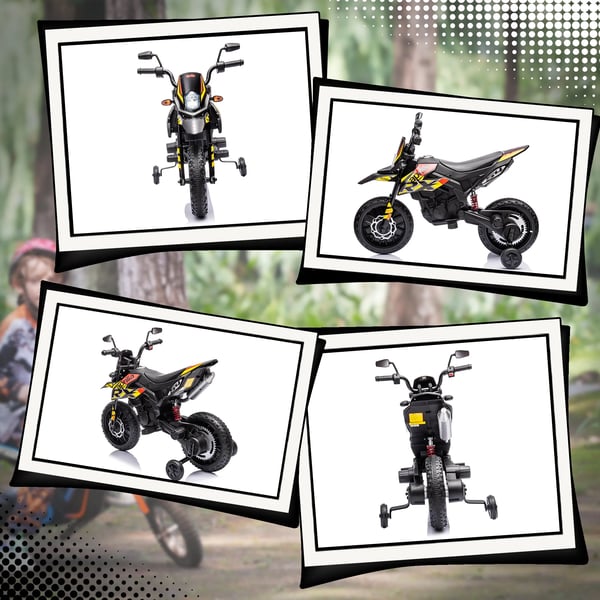 Elektrisk Børnemotorcykel 12V - Gul Plastik, Musik & Støttehjul, 6 km/t, 3-8 år