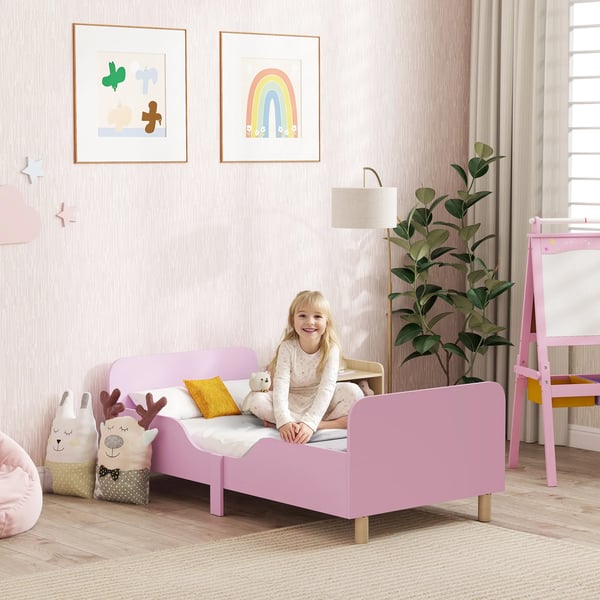juniorseng, lyserød MDF og fyrretræ, med sikkerhedsgitter, 140x70 cm madrasstørrelse, 3-8 år