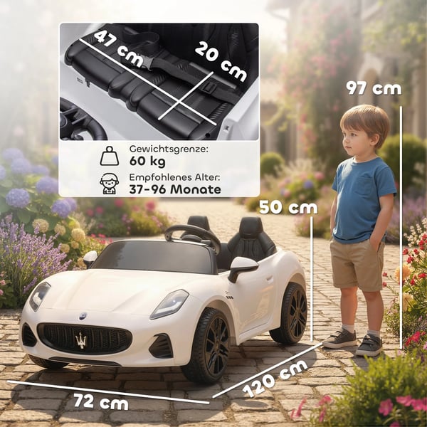 Maserati Elbil för barn, 2-sitsig, 12V Batteridriven, Fjärrkontroll, LED, Musik, Vit