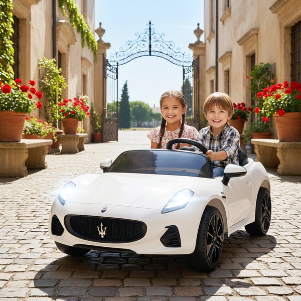 Maserati Elbil för barn, 2-sitsig, 12V Batteridriven, Fjärrkontroll, LED, Musik, Vit