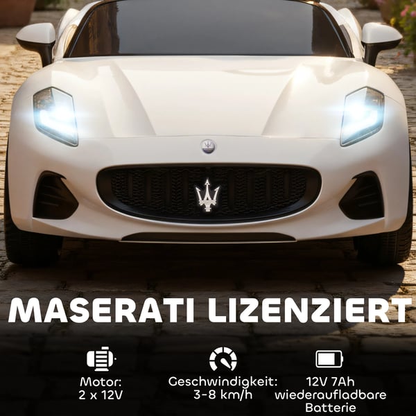 Maserati Elbil för barn, 2-sitsig, 12V Batteridriven, Fjärrkontroll, LED, Musik, Vit