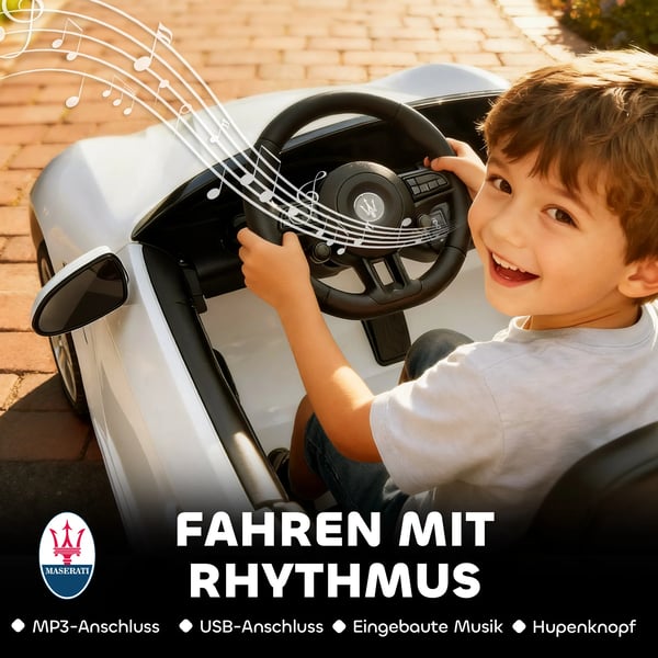 Maserati Elbil för barn, 2-sitsig, 12V Batteridriven, Fjärrkontroll, LED, Musik, Vit