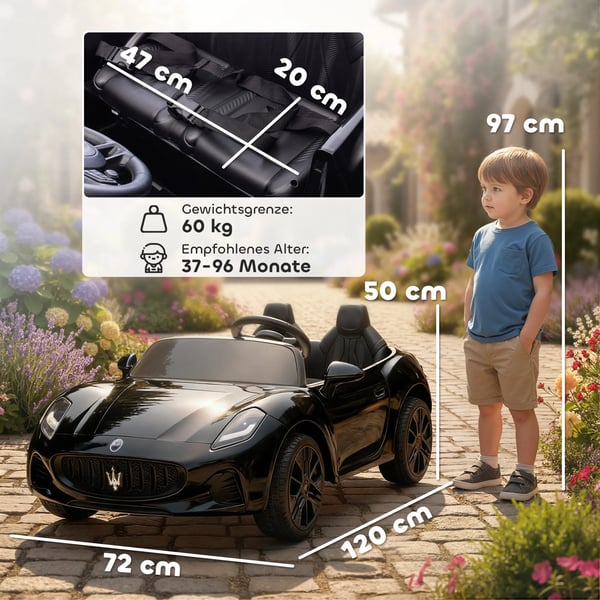 Maserati Elbil för barn, 2-sitsig, 12V, Fjärrkontroll, LED, Musik, Svart (Plast/Metall)