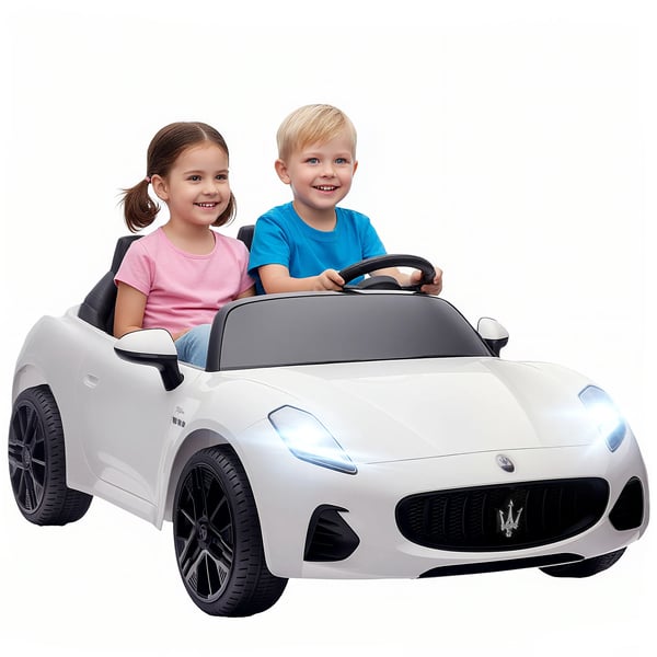 Maserati Elbil för barn, 2-sitsig, 12V Batteridriven, Fjärrkontroll, LED, Musik, Vit