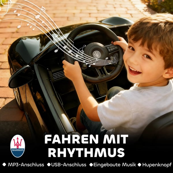 Maserati Elbil för barn, 2-sitsig, 12V, Fjärrkontroll, LED, Musik, Svart (Plast/Metall)