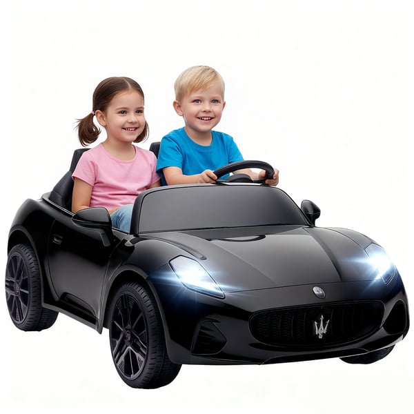 Maserati Elbil för barn, 2-sitsig, 12V, Fjärrkontroll, LED, Musik, Svart (Plast/Metall)