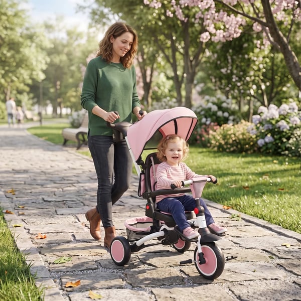 Monikäyttöinen 6-in-1 Lastenpyörä ja Rattaat - Taitettava & Säädettävä - Pinkki Muovi/Teräs