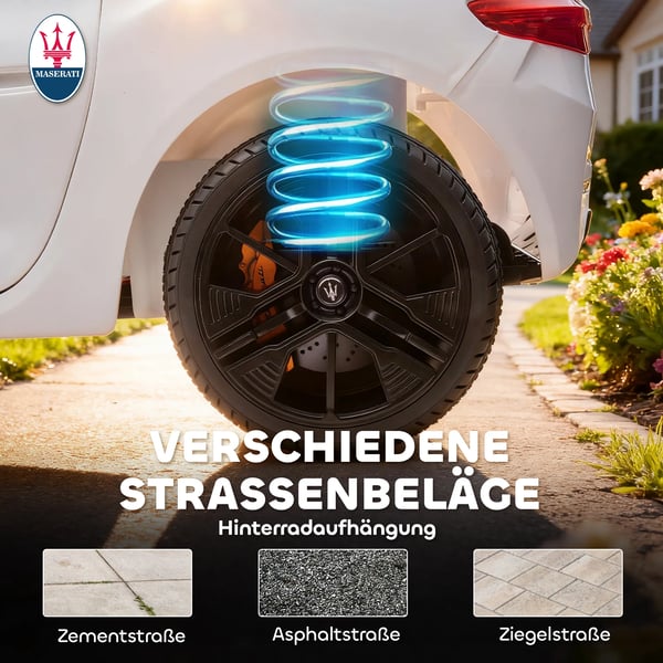 Maserati Elbil för barn, 2-sitsig, 12V Batteridriven, Fjärrkontroll, LED, Musik, Vit