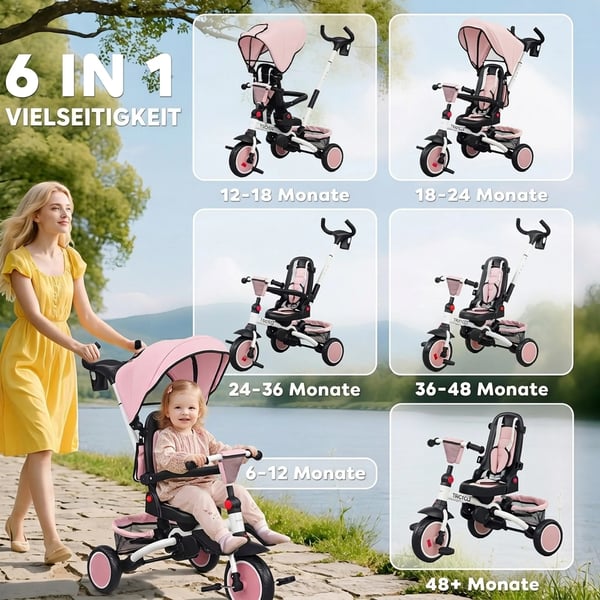 Monikäyttöinen 6-in-1 Lastenpyörä ja Rattaat - Taitettava & Säädettävä - Pinkki Muovi/Teräs
