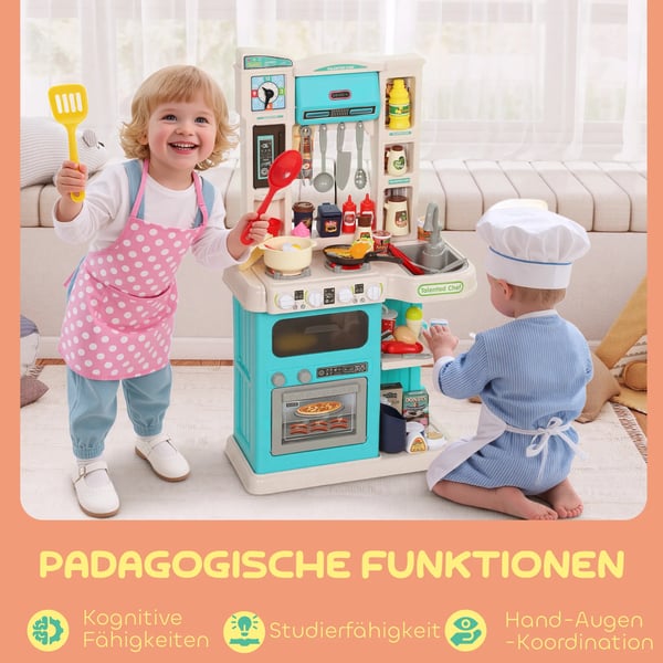 92-delt Lekekjøkken i Plast, Grønn, med Trykkbar Kran for Barn (3-6 år)
