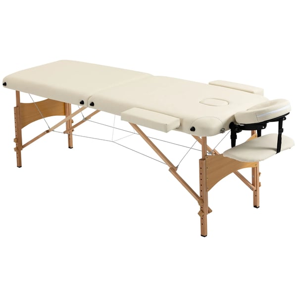Massagebriks - Sammenklappelig, Hjdejusterbar, Creme Kunstlder med nakkesttte til Spa/Salon