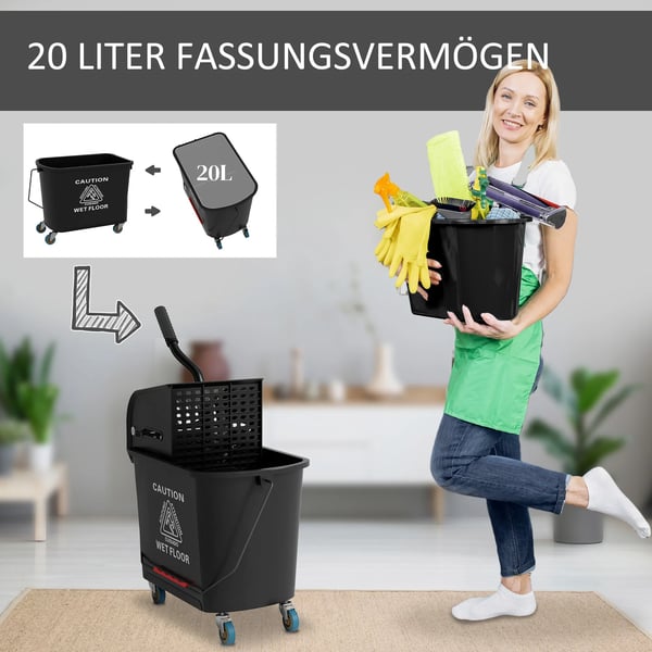 Siivousvaunu 20L Mopilla Irrotettavalla Vääntökoneella ja Pyörillä - Musta Muovi