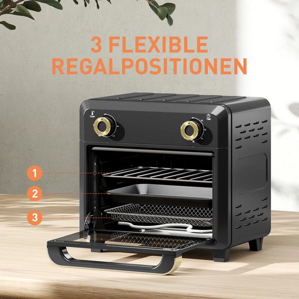 Miniugn med varmluft 10L, Airfryer, Timer, Invändig belysning, Svart/Guld, Rostfritt stål