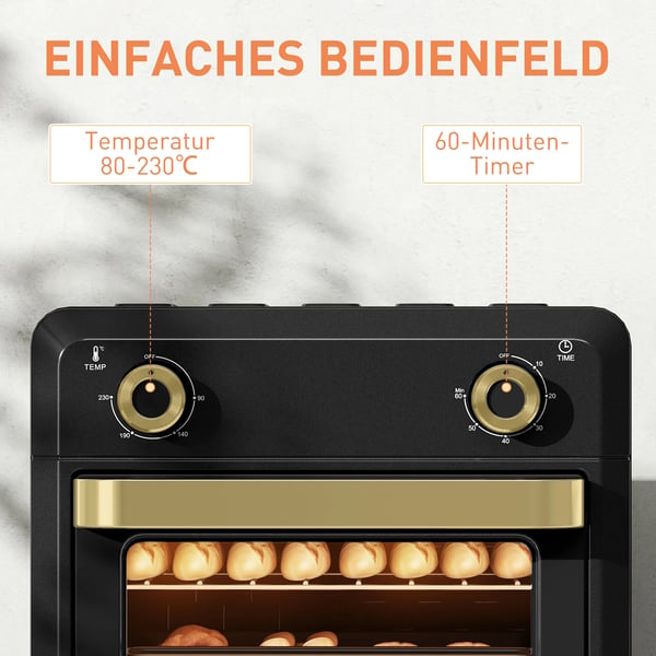 Miniugn med varmluft 10L, Airfryer, Timer, Invändig belysning, Svart/Guld, Rostfritt stål
