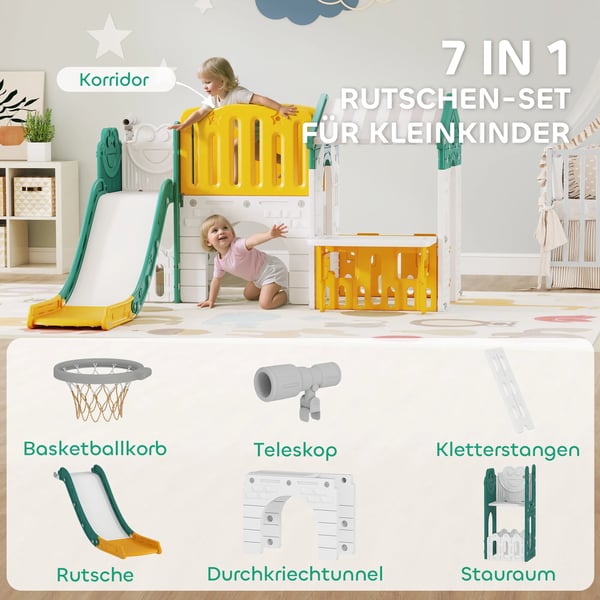 Legeplads til Børn 7-i-1: Rutsjebane, Klatrestativ, Hus, Tavle, Basketball, Plastik, Gul+Grøn, 1-4 År