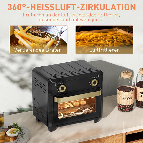 Miniugn med varmluft 10L, Airfryer, Timer, Invändig belysning, Svart/Guld, Rostfritt stål
