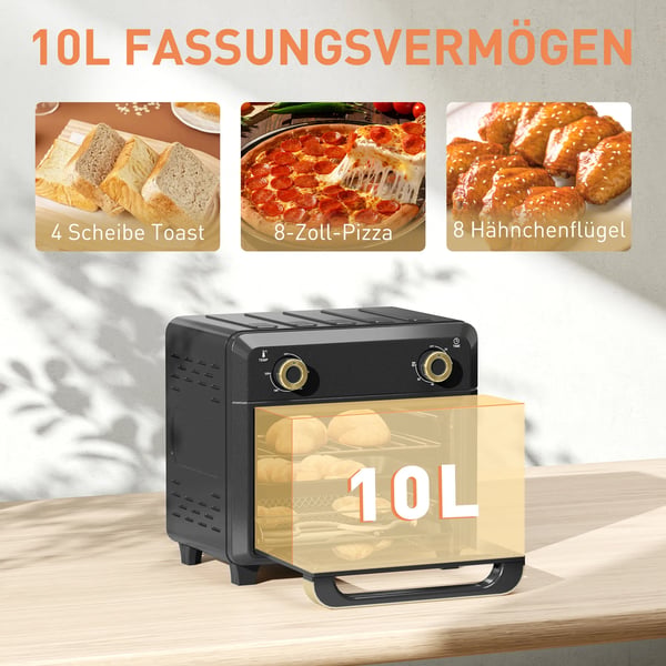 Miniugn med varmluft 10L, Airfryer, Timer, Invändig belysning, Svart/Guld, Rostfritt stål