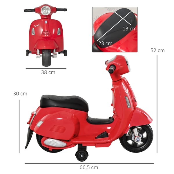 Barn elmotorcykel VESPA, Röd, 18-36 månader, 6V batteri, LED-ljus, 3 km/h topphastighet, metall/plast