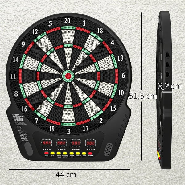 Elektronisk Dartskive med 6 pile, 27 spil, 243 variationer, 16 spillere, ABS/PP, Sort, 44x51.5x3.2cm