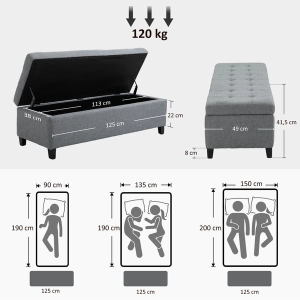 Förvaringsbänk i grått polyester med lock, polstrad sängbänk med knappad design och träben