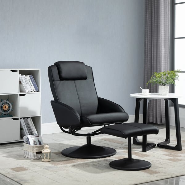 Relaxstol med Fodskammel, Sort Kunstlæder, Vippebar, Ergonomisk, 120kg belastning