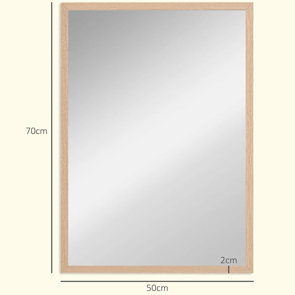 Vægspejl 50x70 cm, Natur træramme og Glas, med 4 kroge, Rektangulært Spejl til Entré, Soveværelse, Badeværelse