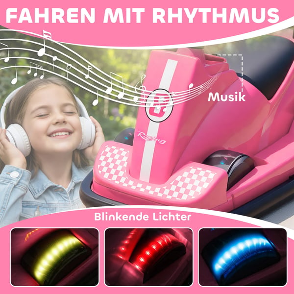 Elbil för barn, Rosa - 360 graders rotation, ratt, LED-lampor, musik, 3-8 år