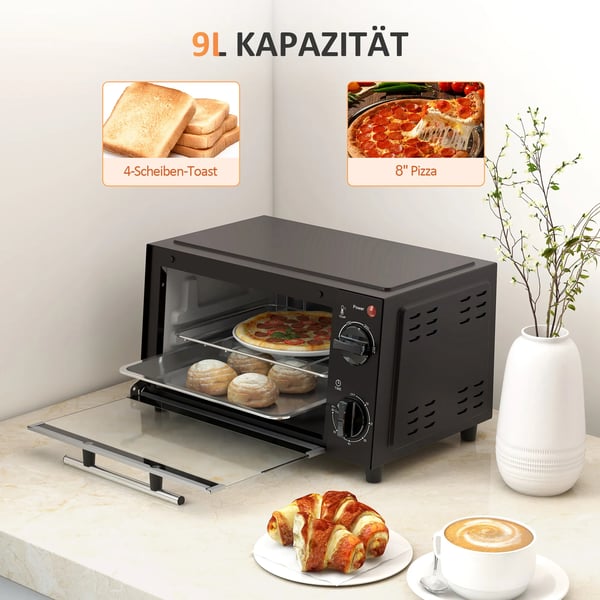 Miniovn 9L - Kompakt Ovn i Sort Rustfrit Stål med Bageplade og Grillrist, 750W