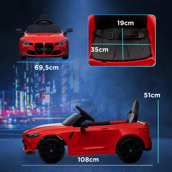 BMW M4 lasten sähkäuto 12V punainen, kauko-ohjattava, jousitus, MP3, LED, torvi