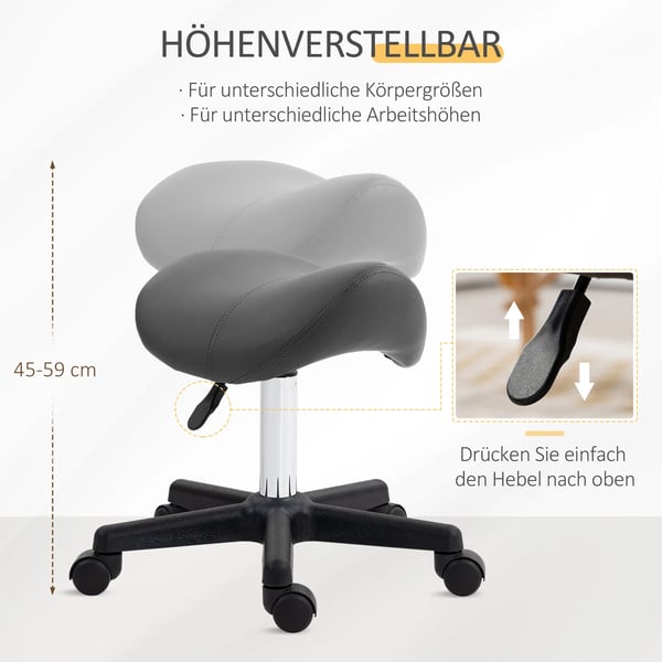 rulleskammel, sadelformet sæde, højdejusterbar, 360° drejelig, kunstlæder, grå, 48 x 47 x 45-59 cm
