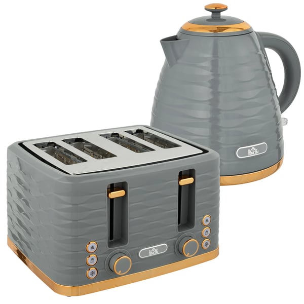 Vedenkeitin ja Paahdinsetti 2-in-1 harmaa, 1.7L vedenkeitin, 4 viipaleen paahtoleipä, 3000W kokonaisteho, 7 ruskistustasoa, sulatus, uudelleenl