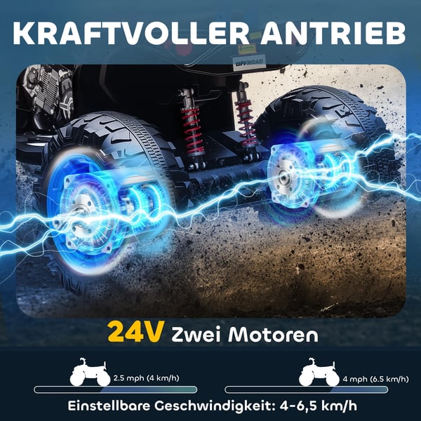 El-Quad för barn 24V, dubbla motorer, dubbelsits, terrängdäck, MP3, USB, strålkastare, max 6,5 km/h, 3-8 år. Blå