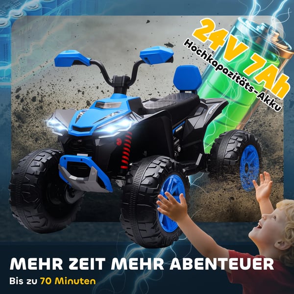 El-Quad för barn 24V, dubbla motorer, dubbelsits, terrängdäck, MP3, USB, strålkastare, max 6,5 km/h, 3-8 år. Blå