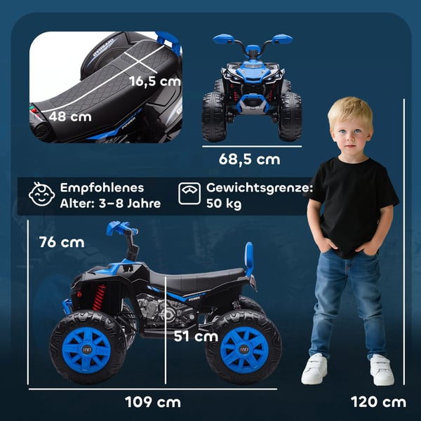 El-Quad för barn 24V, dubbla motorer, dubbelsits, terrängdäck, MP3, USB, strålkastare, max 6,5 km/h, 3-8 år. Blå