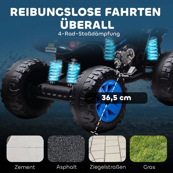 El-Quad för barn 24V, dubbla motorer, dubbelsits, terrängdäck, MP3, USB, strålkastare, max 6,5 km/h, 3-8 år. Blå