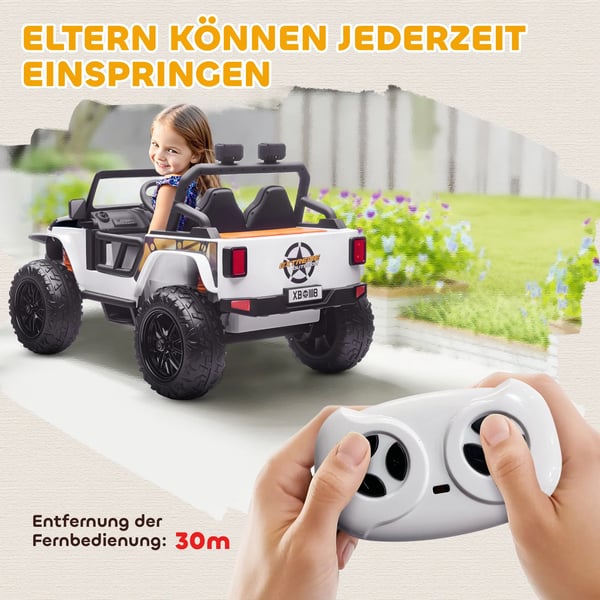 Elbil för barn 12V med föräldrar-barn-säte, fjärrstyrd, musik, LED-lampor, vit
