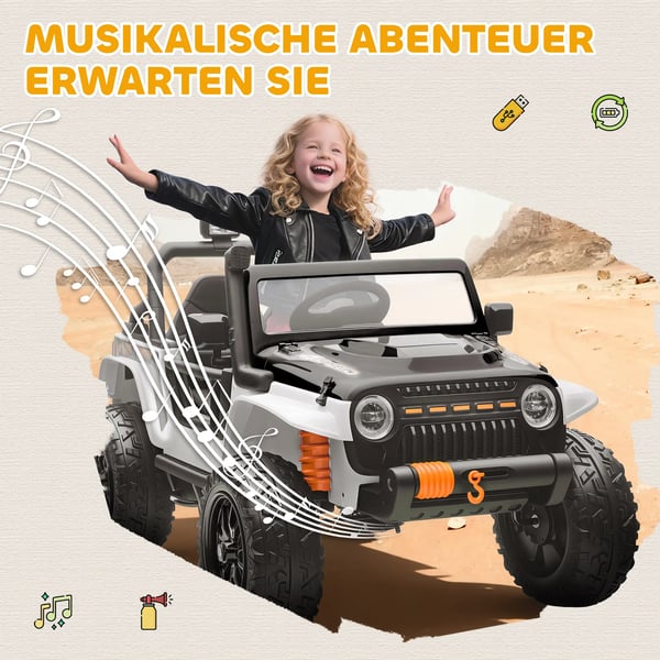 Elbil för barn 12V med föräldrar-barn-säte, fjärrstyrd, musik, LED-lampor, vit
