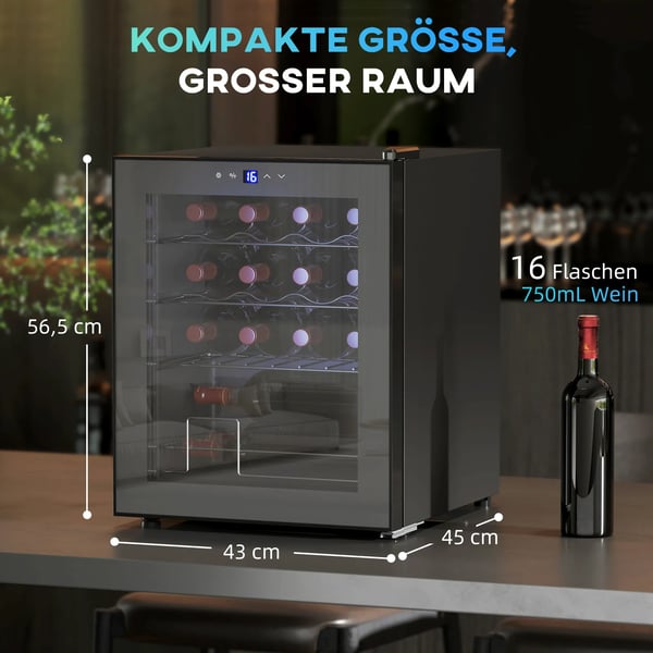 Fritstående Vinkøleskab til 16 flasker, Sort Metal, Touchskærm, Glasdør