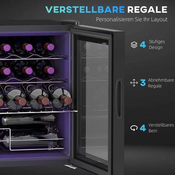 Fritstående Vinkøleskab til 16 flasker, Sort Metal, Touchskærm, Glasdør