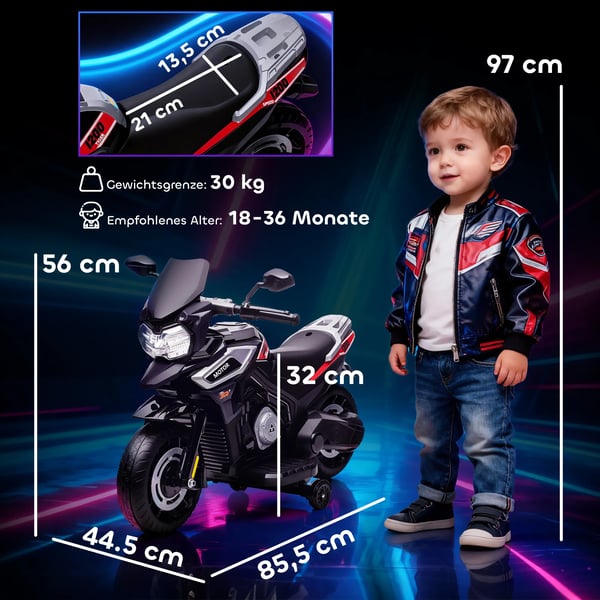 Barn Elmotorcykel Svart Plast/Metall - 18-36 månader, 2.4 km/h, Musik, Stödhjul