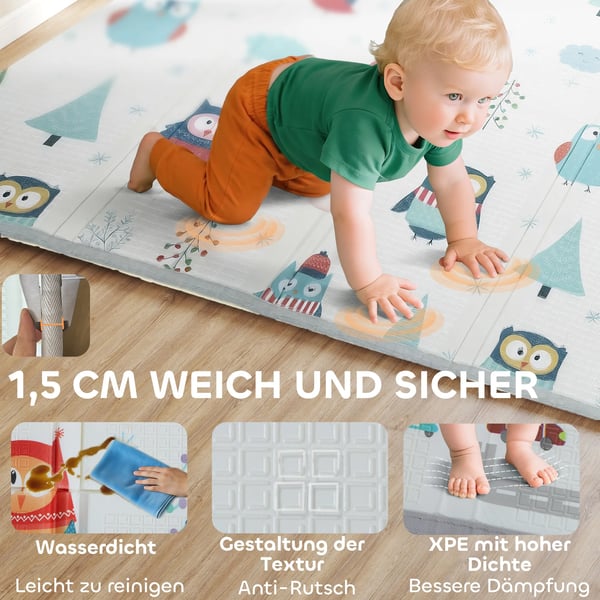 Baby Legetæppe - vendbart dyremønster, XPE skum, 1,5 cm tyk, skridsikkert, 2,86 m², flerfarvet