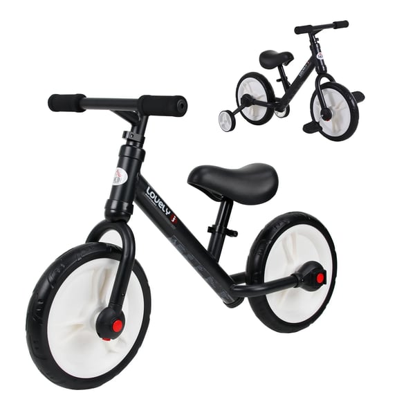 Børnecykel Løbecykel med støttehjul og pedaler, justerbar sædehøjde, til 2-5-årige, PP, Sort
